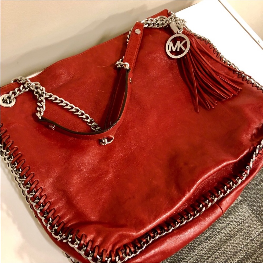 MK red leather hobo bag w/ silver chain Hardware